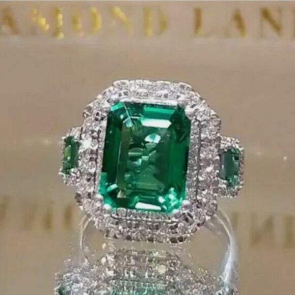 Green Emerald & White Baguette Diamond Ring on 925 Sterling Silver  - Women's - Picture 1 of 3